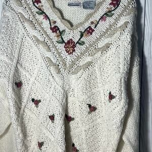 Vintage Chunky Raimie Floral Cream Sweater V Neck - Size Medium